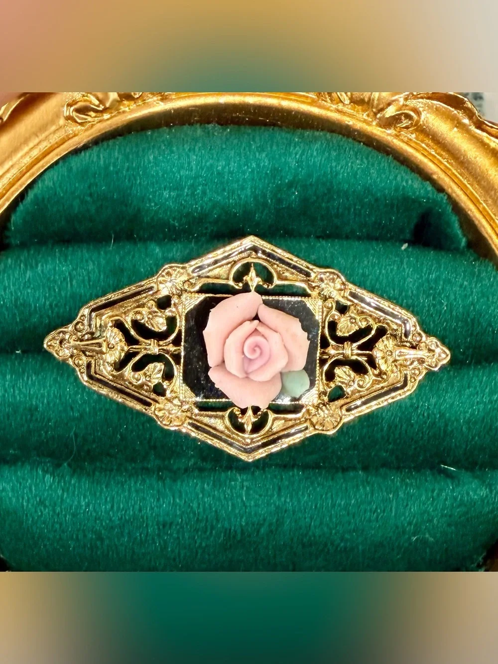 Gold Filigree Brooch with Pink Porcelain Rose